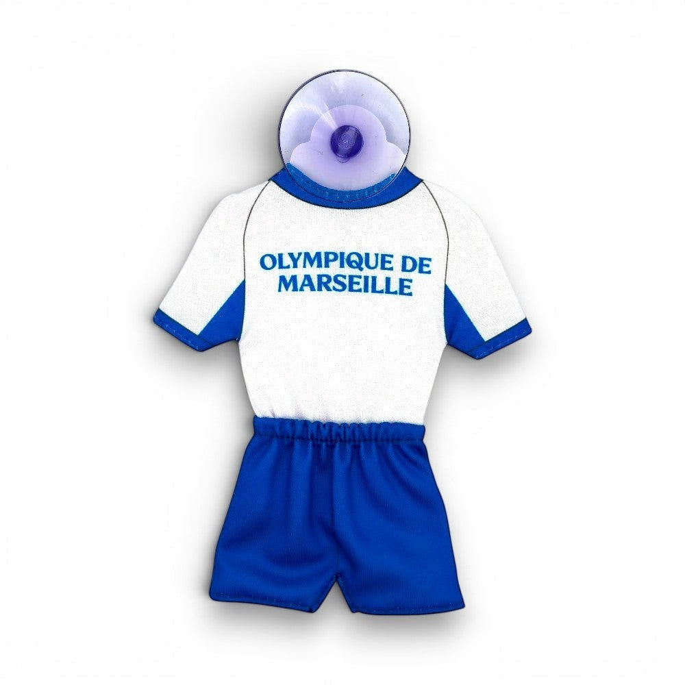 Olympique de Marseille Mini Kit (26/27) in white with blue accents, featuring the OM logo and blue shorts. Includes suction cup.