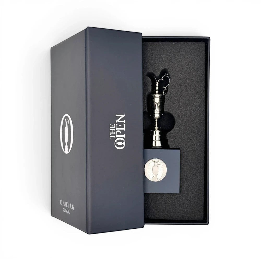 Am Ball The Open Claret Jug 70 mm Miniatur-Trophäe in silberner Optik auf Acrylsockel in hochwertiger Geschenkbox