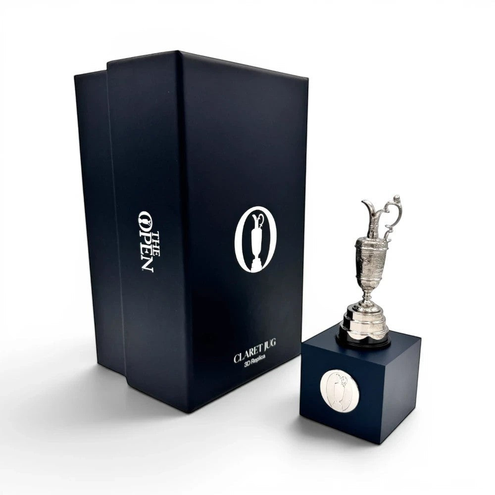 Am Ball The Open Claret Jug 70 mm Miniatur-Trophäe auf blauem Acrylsockel mit passender Geschenkbox
