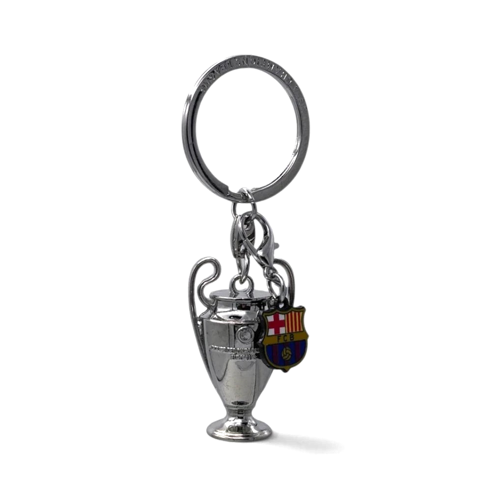 Am Ball UEFA Champions League Pokal-Schlüsselanhänger aus Zamak mit FC Barcelona Logo und Siegerjahren