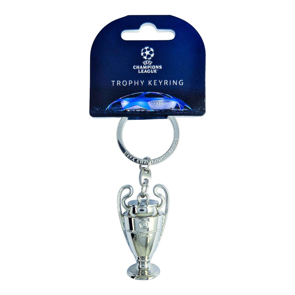 Am Ball UEFA Champions League Pokal-Schlüsselanhänger aus silberfarbenem Zamak auf offizieller Headercard