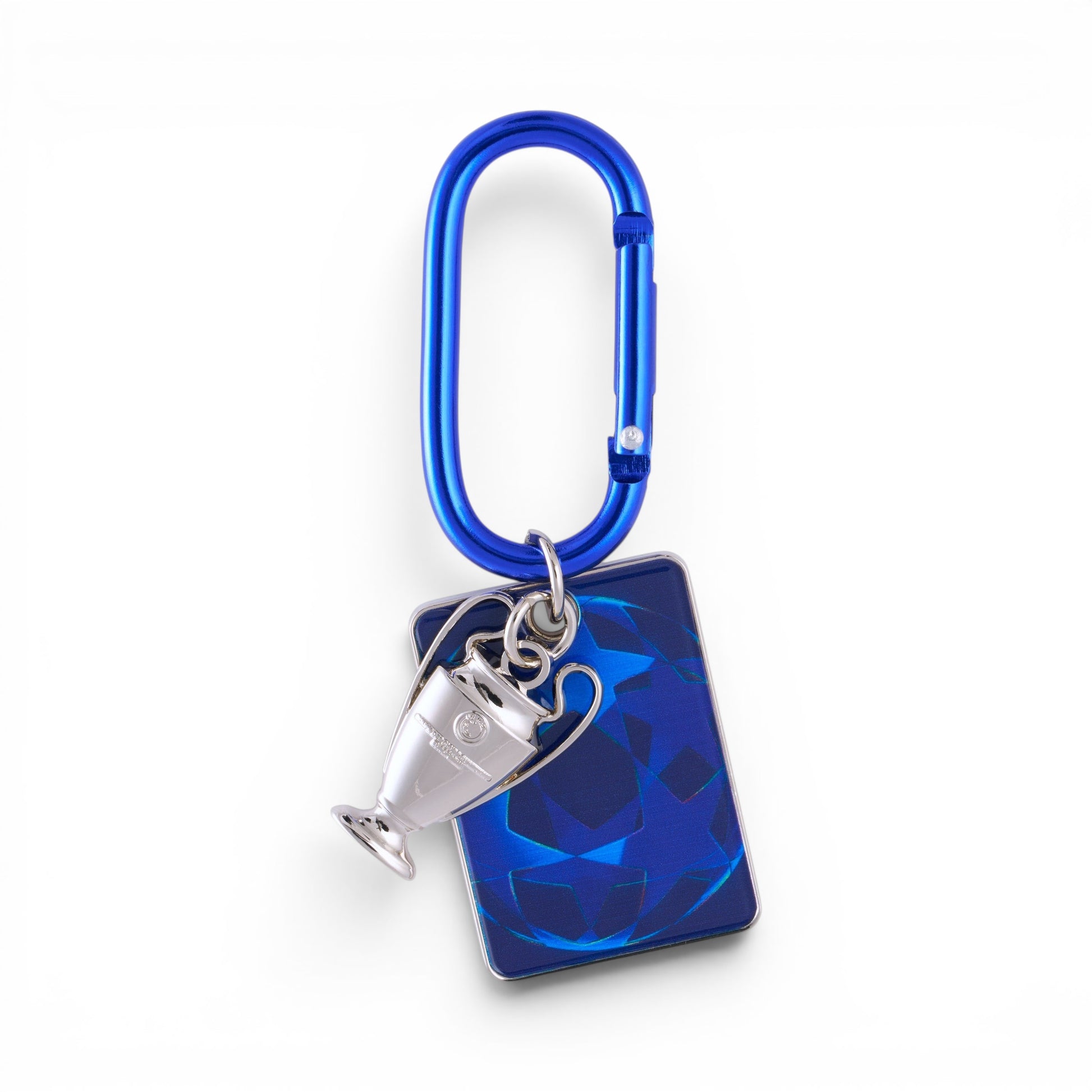 Am Ball UEFA Champions League Schlüsselanhänger mit blauem Karabiner und silbernem 2D-Pokal-Anhänger aus Zamak