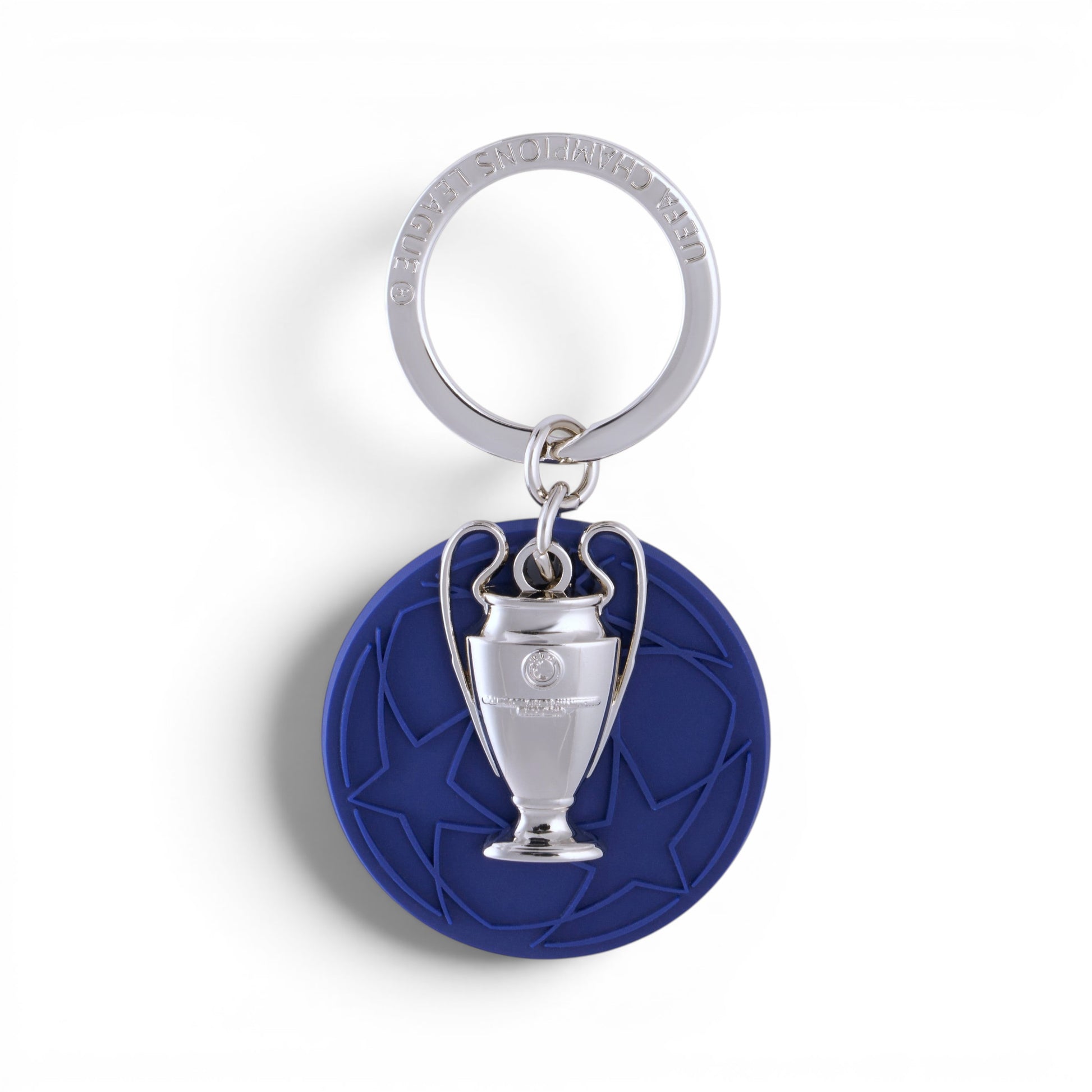Am Ball UEFA Champions League Schlüsselanhänger mit blauem PVC-Sternenmuster und silbernem 2D-Pokal-Anhänger