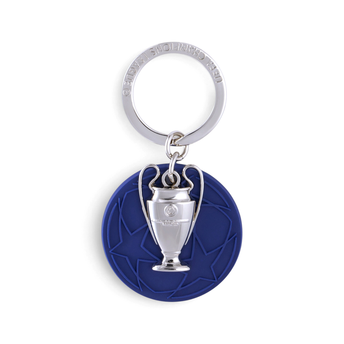 Am Ball UEFA Champions League Schlüsselanhänger mit blauem PVC-Sternenmuster und silbernem 2D-Pokal-Anhänger