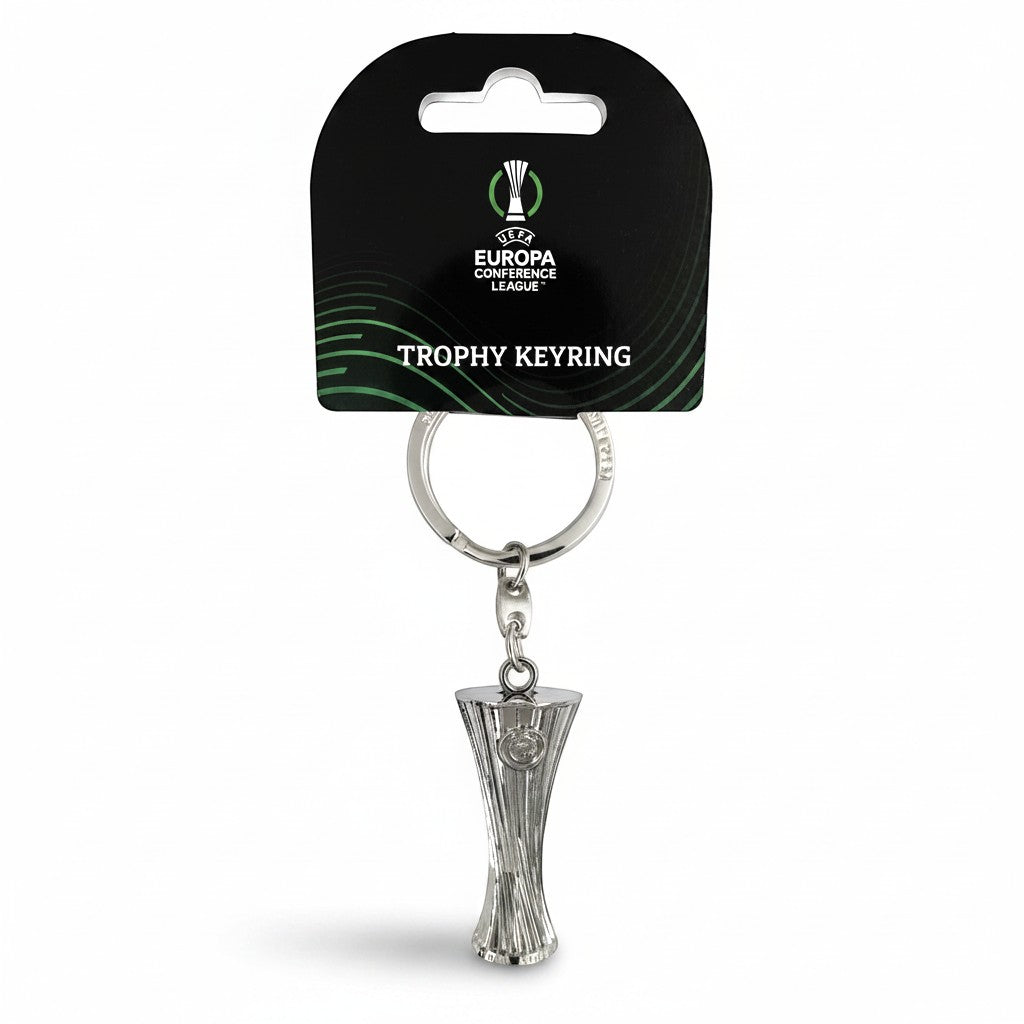 Am Ball UEFA Europa Conference League Trophäen-Schlüsselanhänger aus Zamak mit offiziellem Header-Kärtchen