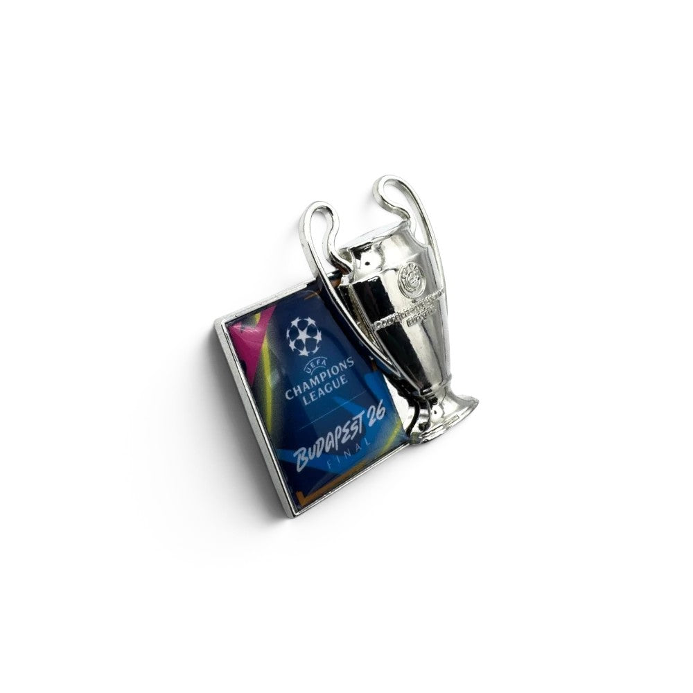 Am Ball UEFA Champions League trophy pin badge with Budapest 26 Final plaque in blue, pink, and yellow. Zamak.