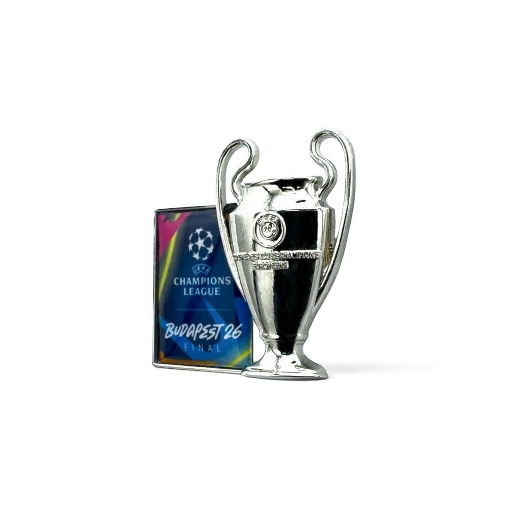 Am Ball UEFA Champions League Trophy Pin Badge "Budapest 26 Final" in silver with blue, pink, and yellow plaque. Zamak.