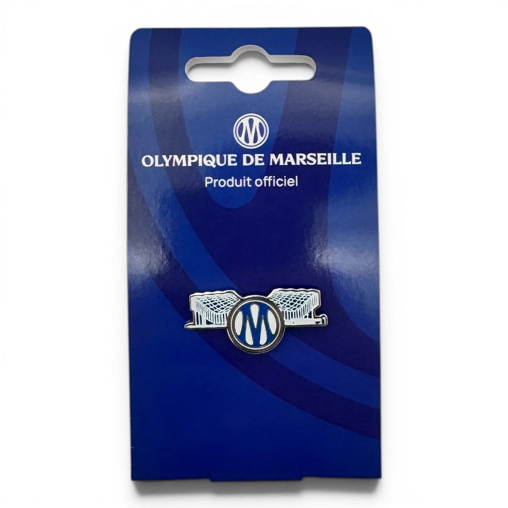 Am Ball Olympique de Marseille Pin Anstecker mit "Skyline Stade Vélodrome" und OM-Wappen, aus Zamak