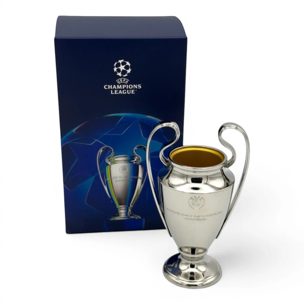 Am Ball UEFA Champions League Trophäen-Replik aus Zamak, 100mm, silberfarben mit goldenem Rand, für Fußballfans.