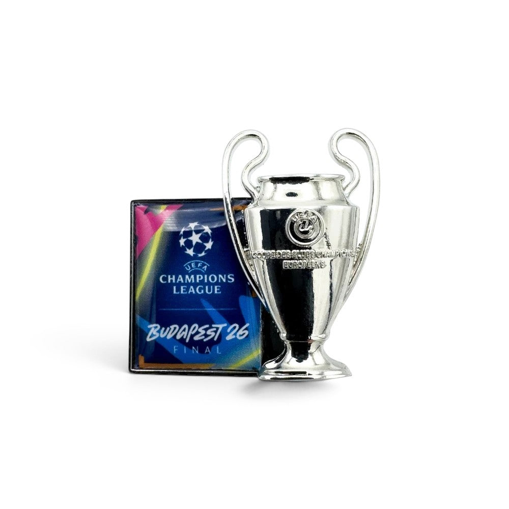 Am Ball UEFA Champions League Trophy Pin Badge with Budapest 26 Final plaque. Silver trophy, blue, pink, yellow plaque. Zamak.