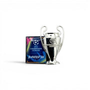 Am Ball UEFA Champions League Trophy Pin Badge with Budapest 26 Final plaque. Silver trophy, blue, pink, yellow plaque. Zamak.
