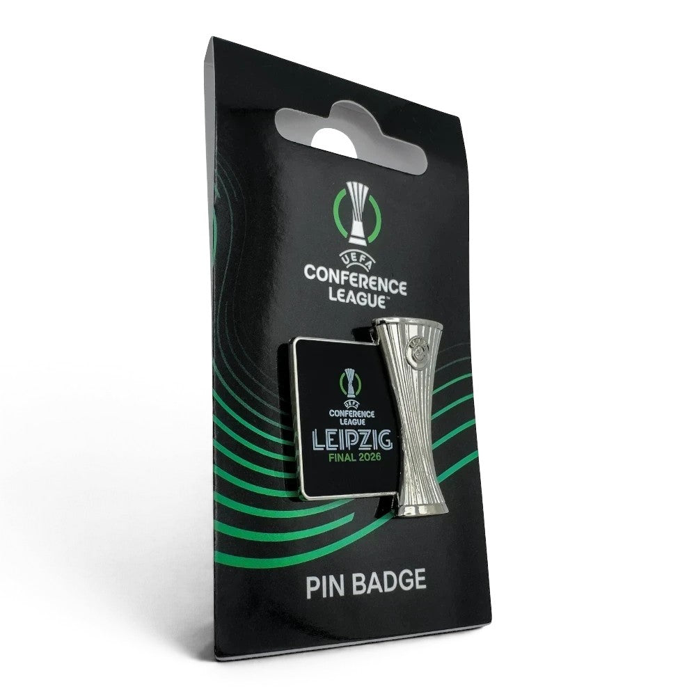 Am Ball UEFA Conference League Pin Badge Leipzig Final 2026, featuring a silver trophy replica and black plaque with green lettering.