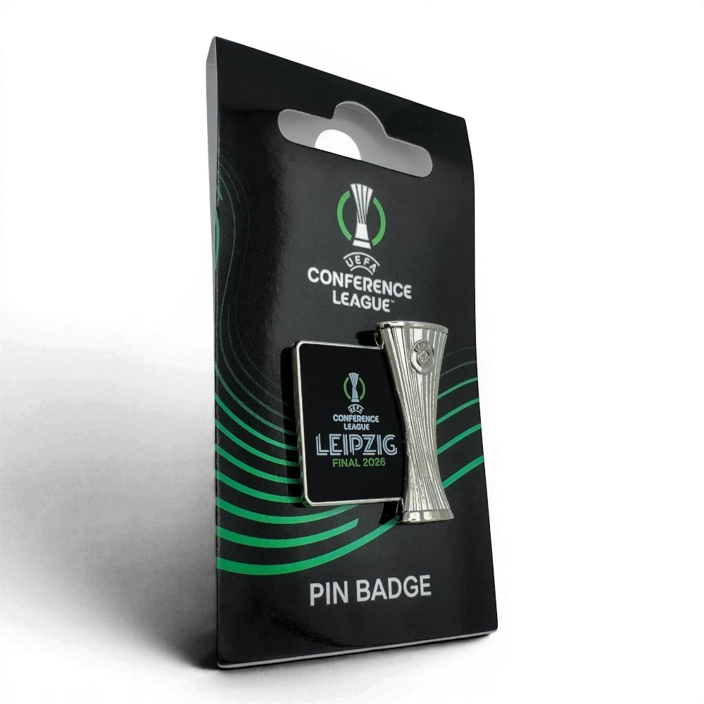 Am Ball UEFA Conference League Pin Badge Leipzig Final 2026, featuring a silver trophy replica and black plaque with green lettering.