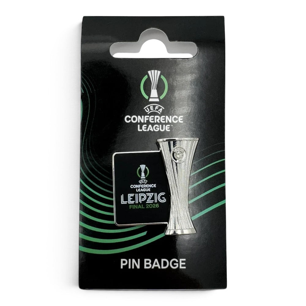 Am Ball UEFA Conference League Pin Badge Leipzig Final 2026, Zamak trophy replica with black plaque and green lettering.