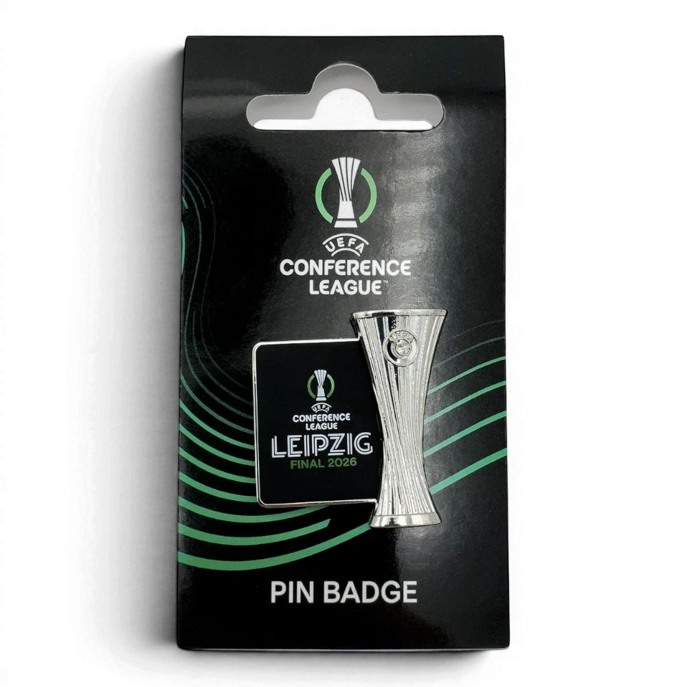 Am Ball UEFA Conference League Pin Badge Leipzig Final 2026, Zamak trophy replica with black plaque and green lettering.