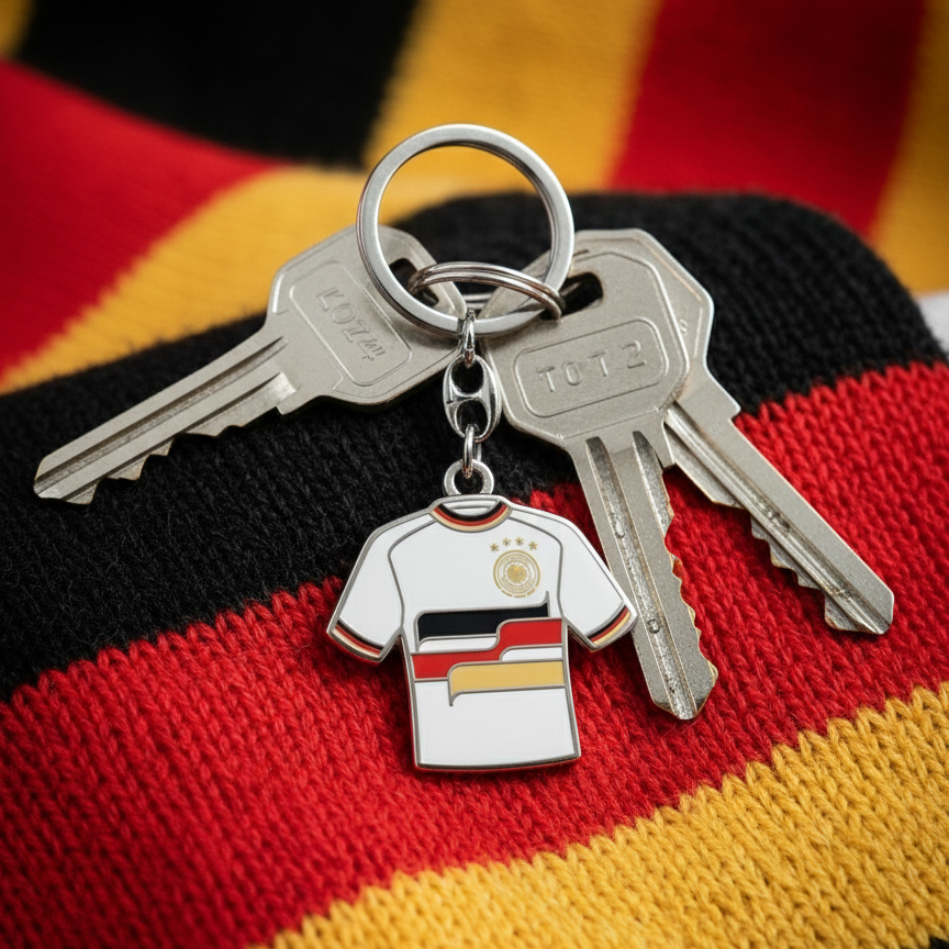 Offizieller DFB Trikot-Schlüsselanhänger an einem Schlüsselbund vor einem Deutschland-Fanschal