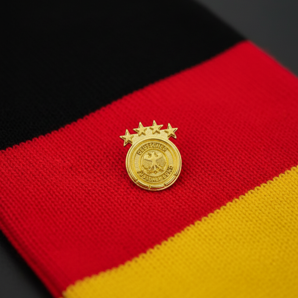 Eleganter DFB Pin in Gold-Relief auf einem Deutschlanschal liegend – hochwertiges Accessoire für Fans