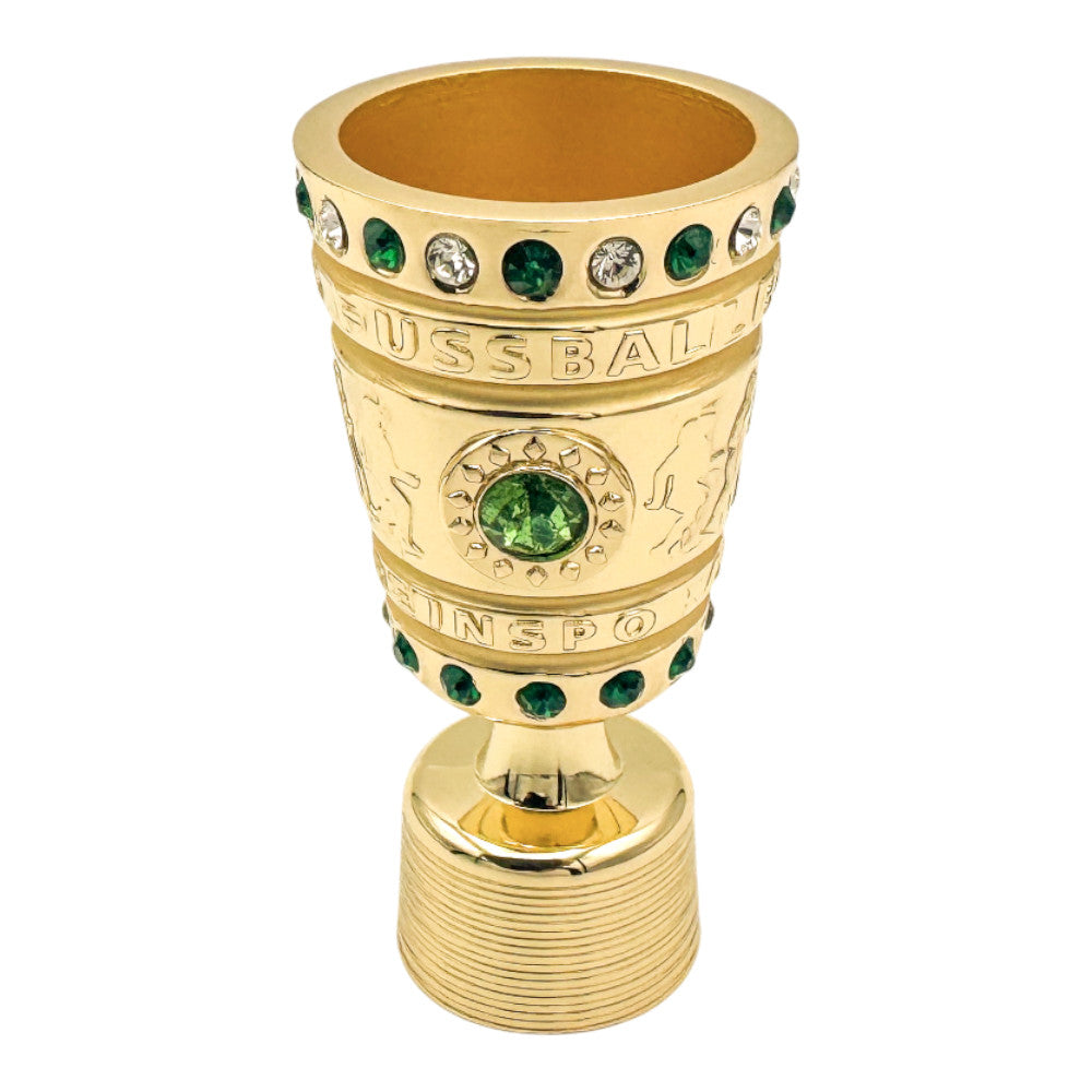 Top-down view of the 100mm DFB Pokal gold trophy - official fan merchandise and collectible