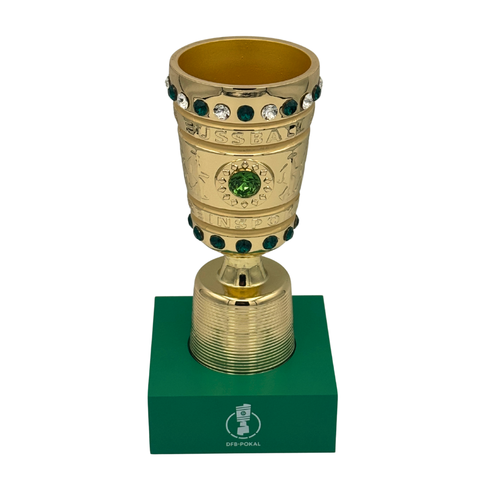 Front view of officially licensed 150mm DFB Pokal trophy on a green acrylic pedestal - German Cup replica