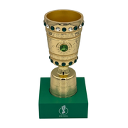 Front view of officially licensed 150mm DFB Pokal trophy on a green acrylic pedestal - German Cup replica