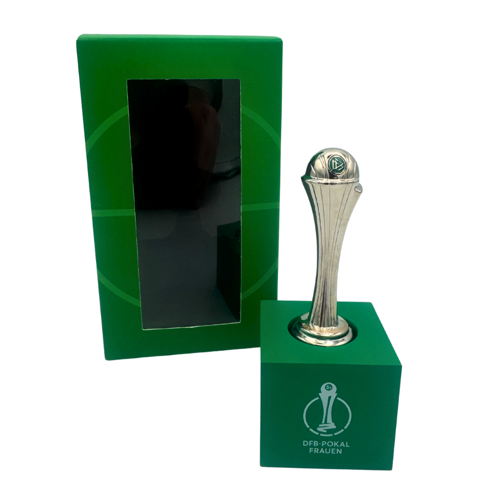 Close-up of the trophy replica standing next to its decorative packaging