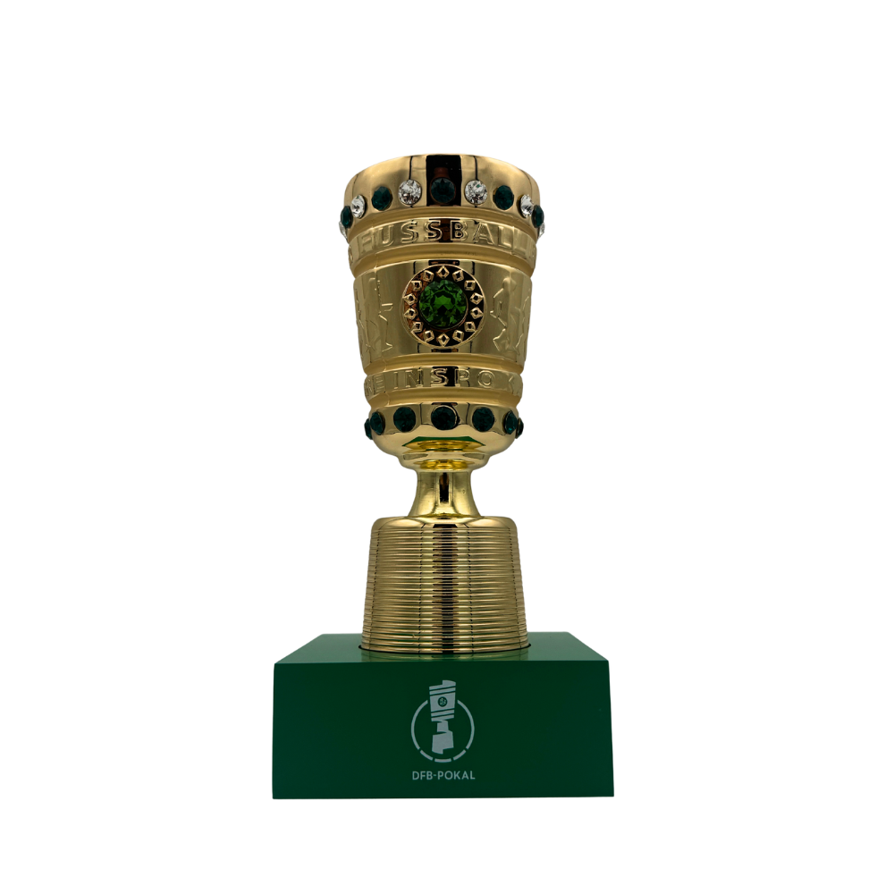 Showcase display of the licensed DFB Pokal trophy 150mm on a green pedestal for collectors