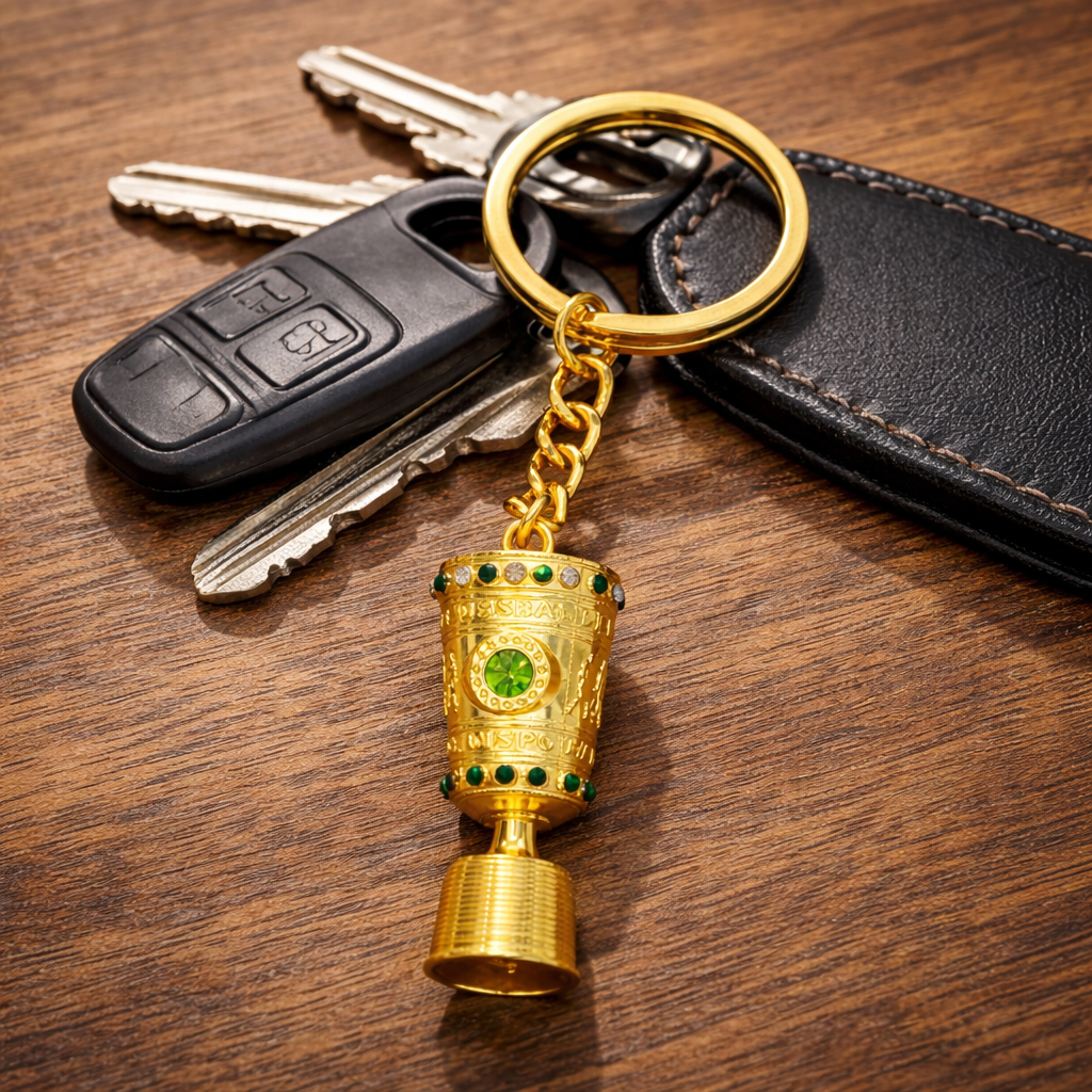 DFB Pokal trophy keychain attached to a set of car keys lying on a wooden table.