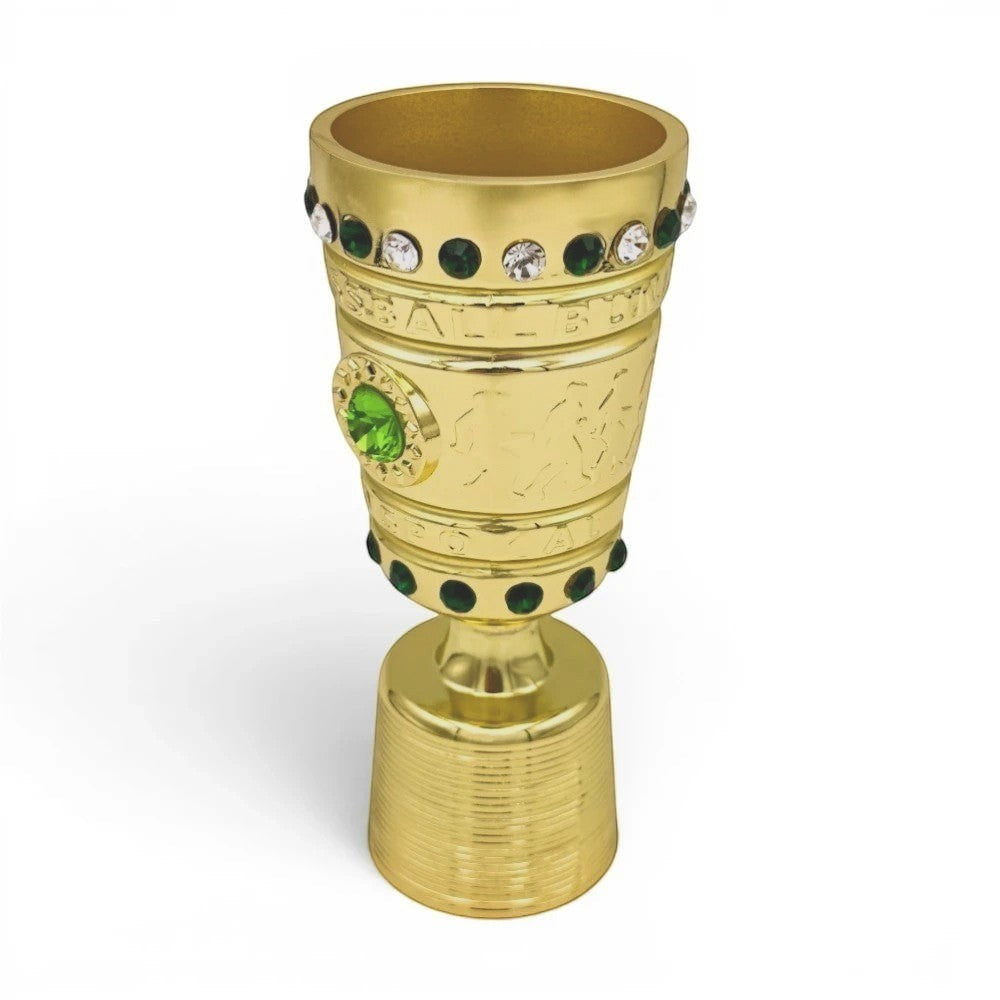 DFB-Pokal Trophäen-Nachbildung aus Zamak in Gold mit grünen und weißen Schmucksteinen