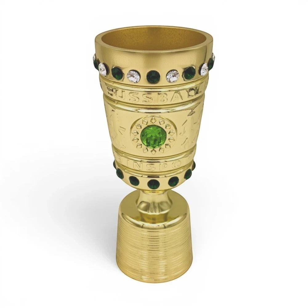 DFB-Pokal Trophäen-Nachbildung aus Zamak in Gold mit grünen und weißen Schmucksteinen