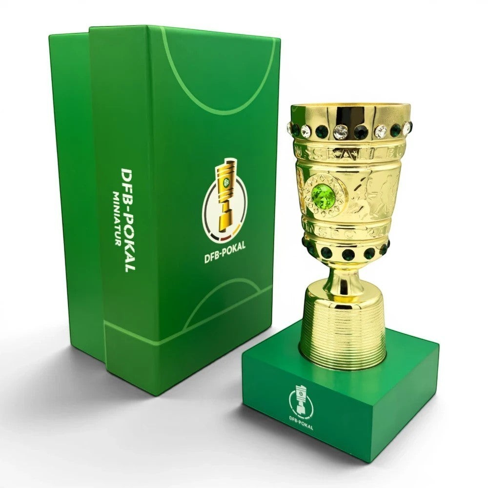 DFB-Pokal Trophäen-Nachbildung in Gold mit grüner Acryl-Basis und offizieller Geschenkbox