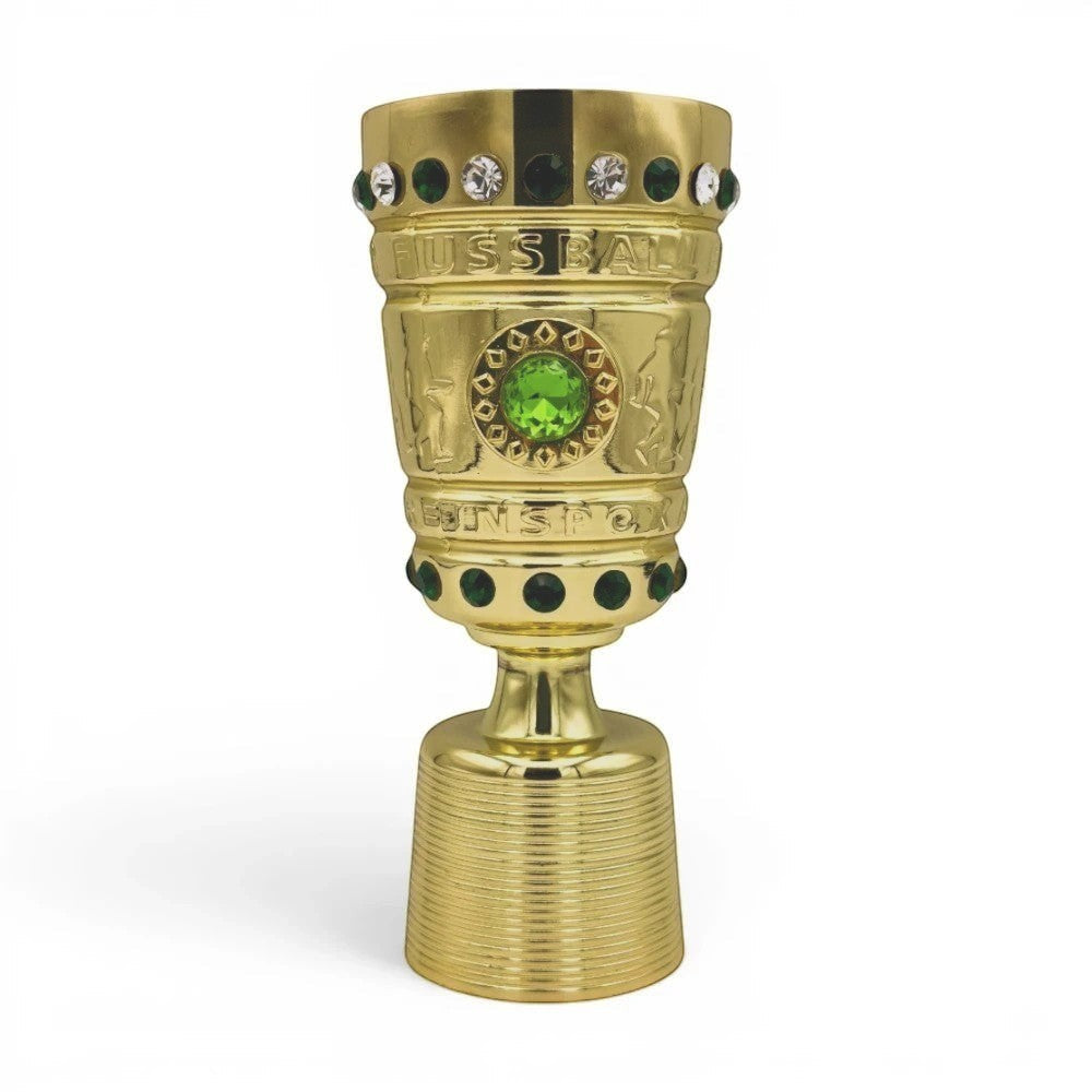 DFB-Pokal Trophäen-Nachbildung aus goldfarbenem Zamak mit grünen und weißen Schmucksteinen
