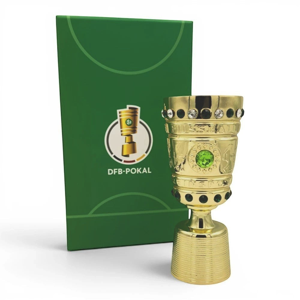DFB-Pokal Trophäen-Replik aus Zamak in Gold mit grünen Schmucksteinen und offizieller Geschenkbox
