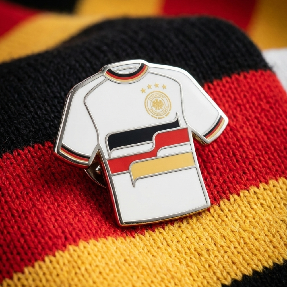 Der DFB-Trikot-Pin befestigt an einem schwarz-rot-goldenen Deutschland-Fan-Schal