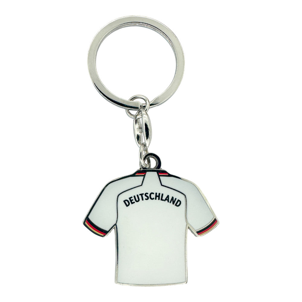 Rückansicht des DFB Trikot-Anhängers mit eingeprägtem Deutschland-Schriftzug und robuster Metallkette