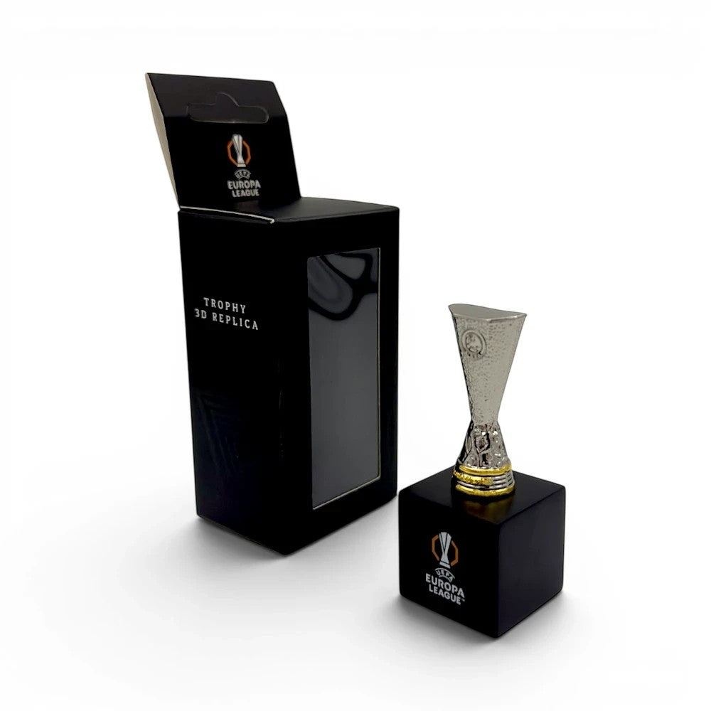 UEFA Europa League Trophäen-Nachbildung aus Zamak auf einem schwarzen Holzsockel mit offizieller Geschenkbox