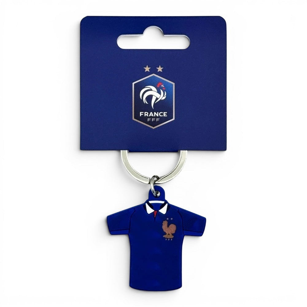 FFF Frankreich WM 2026 Schlüsselanhänger im Trikot-Design, blaues PVC mit Wappen und Hahn-Logo.