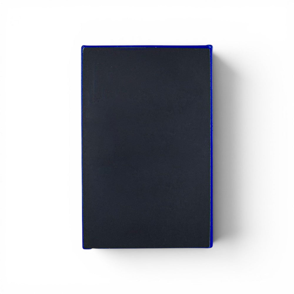 Rückseite des FFF Kühlschrankmagnets mit schwarzer magnetischer Oberfläche und blauem Kunststoffrahmen.