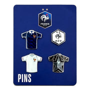 Französische Nationalmannschaft Pin-Set mit 3 Trikots (blau, weiß, schwarz) und 1 Wappen-Pin für die WM 2026 aus Zamak und Emaille.
