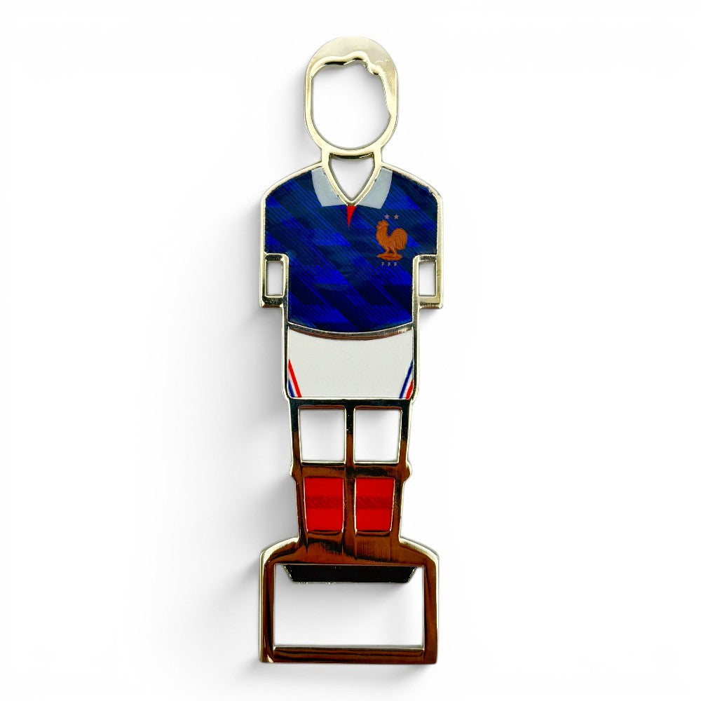 Flaschenöffner in Form eines Frankreich-Trikots mit blauem Design und Hahn-Logo, magnetisch