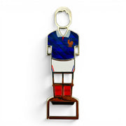 Flaschenöffner in Form eines Frankreich-Trikots mit blauem Design und Hahn-Logo, magnetisch