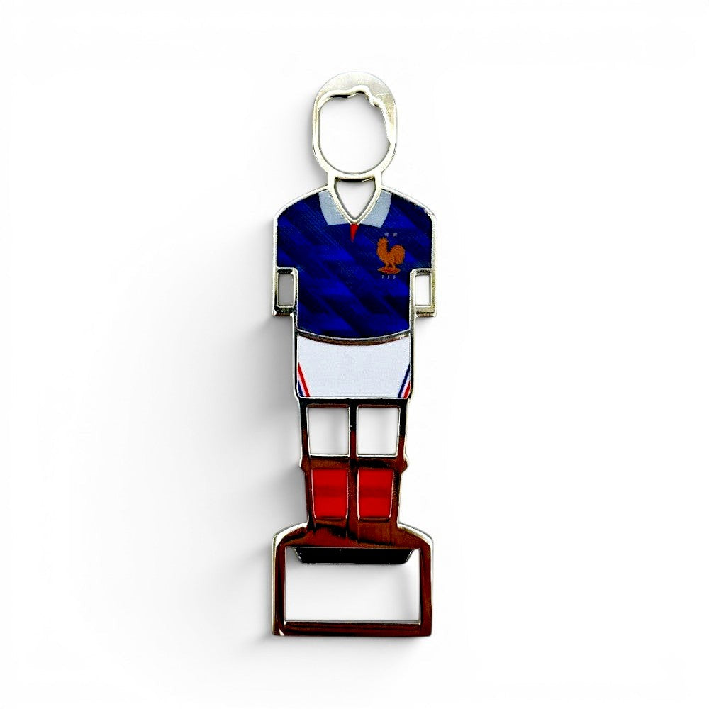 Flaschenöffner in Form eines Frankreich-Trikots mit blauem Design und Hahn-Logo, magnetisch