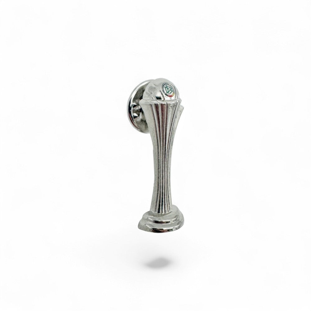 Macro shot of the Women's DFB Pokal pin badge, highlighting the elegant trophy silhouette and relief.