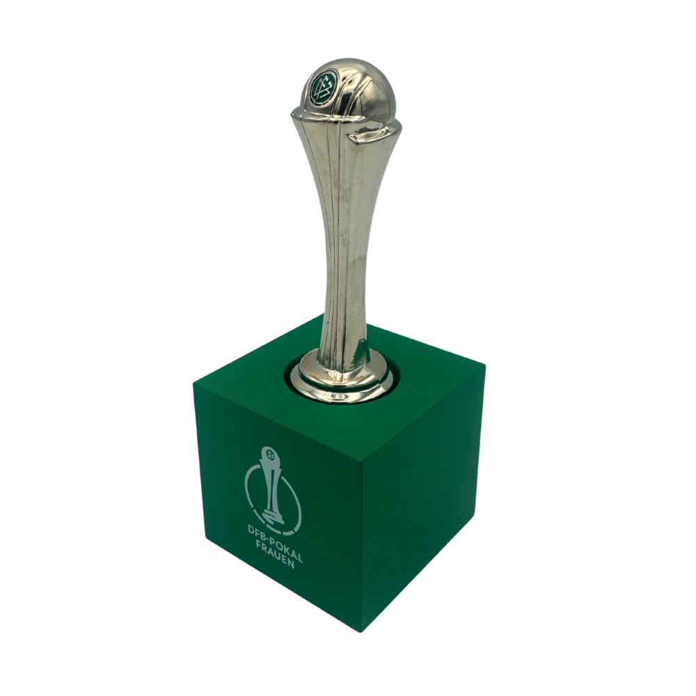 Side profile of the silver Women's DFB Pokal trophy on an acrylic base