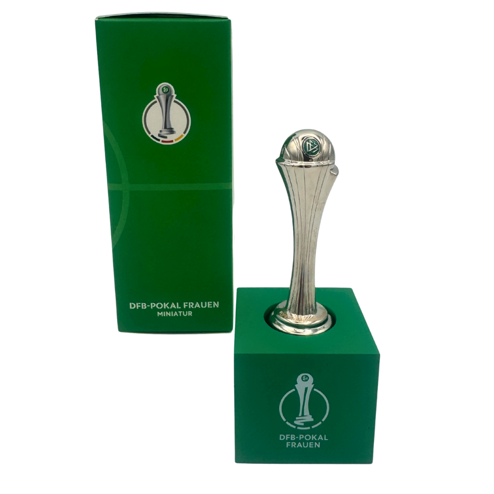 The Women's DFB Pokal trophy replica in front of its official branded presentation box