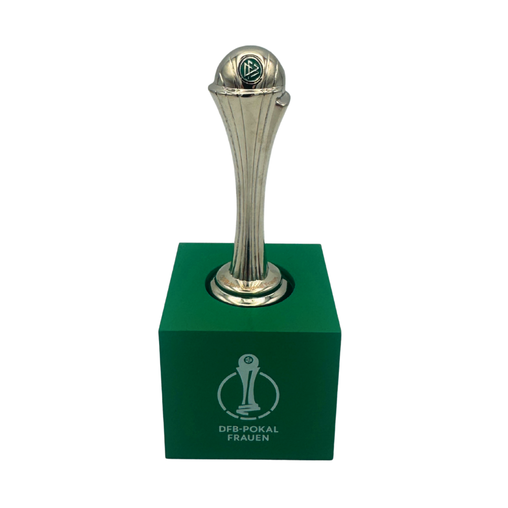 Frontal view of the Women's DFB Pokal trophy replica mounted on a premium acrylic pedestal.