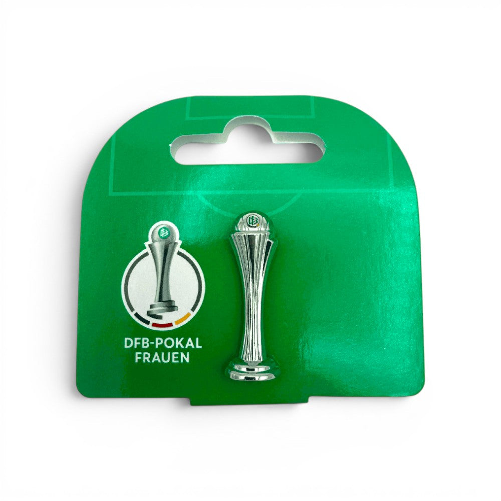 The 30mm Women's DFB Pokal trophy pin shown in its original packaging
