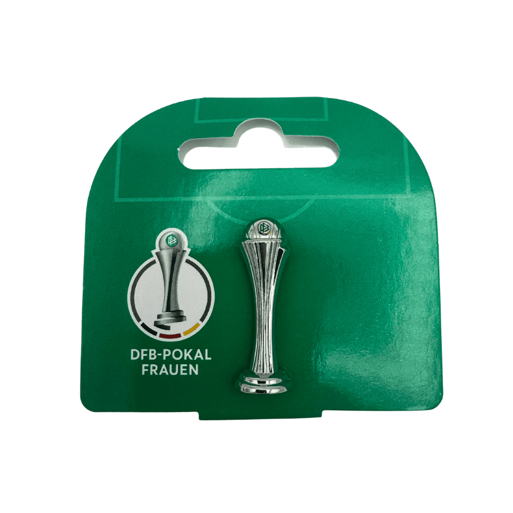 The 30mm Women's DFB Pokal trophy pin shown in its original packaging