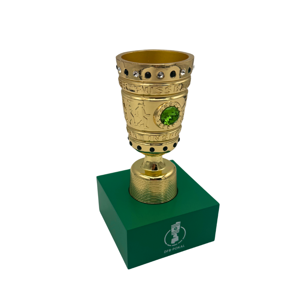Right side view of an official 100mm DFB Pokal replica with green acrylic base