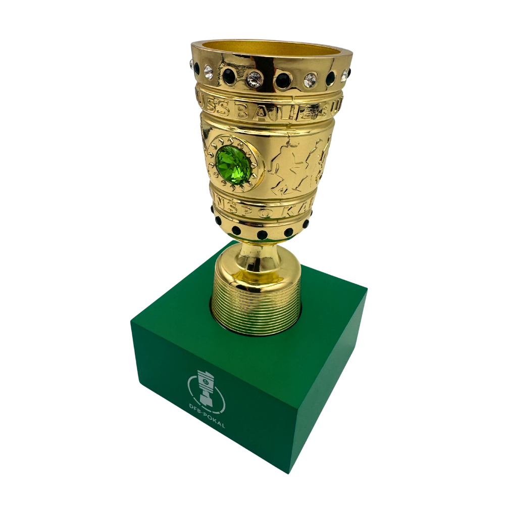Right side view of an official 150mm DFB Pokal replica with greenacrylic base showing trophy details
