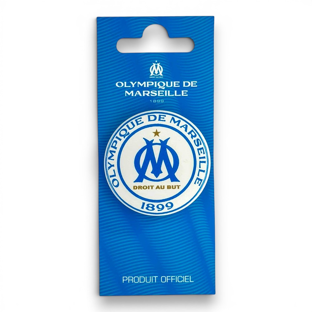 Olympique de Marseille Ansteck-Button in Weiß und Blau mit offiziellem Vereinslogo auf blauer Trägerkarte